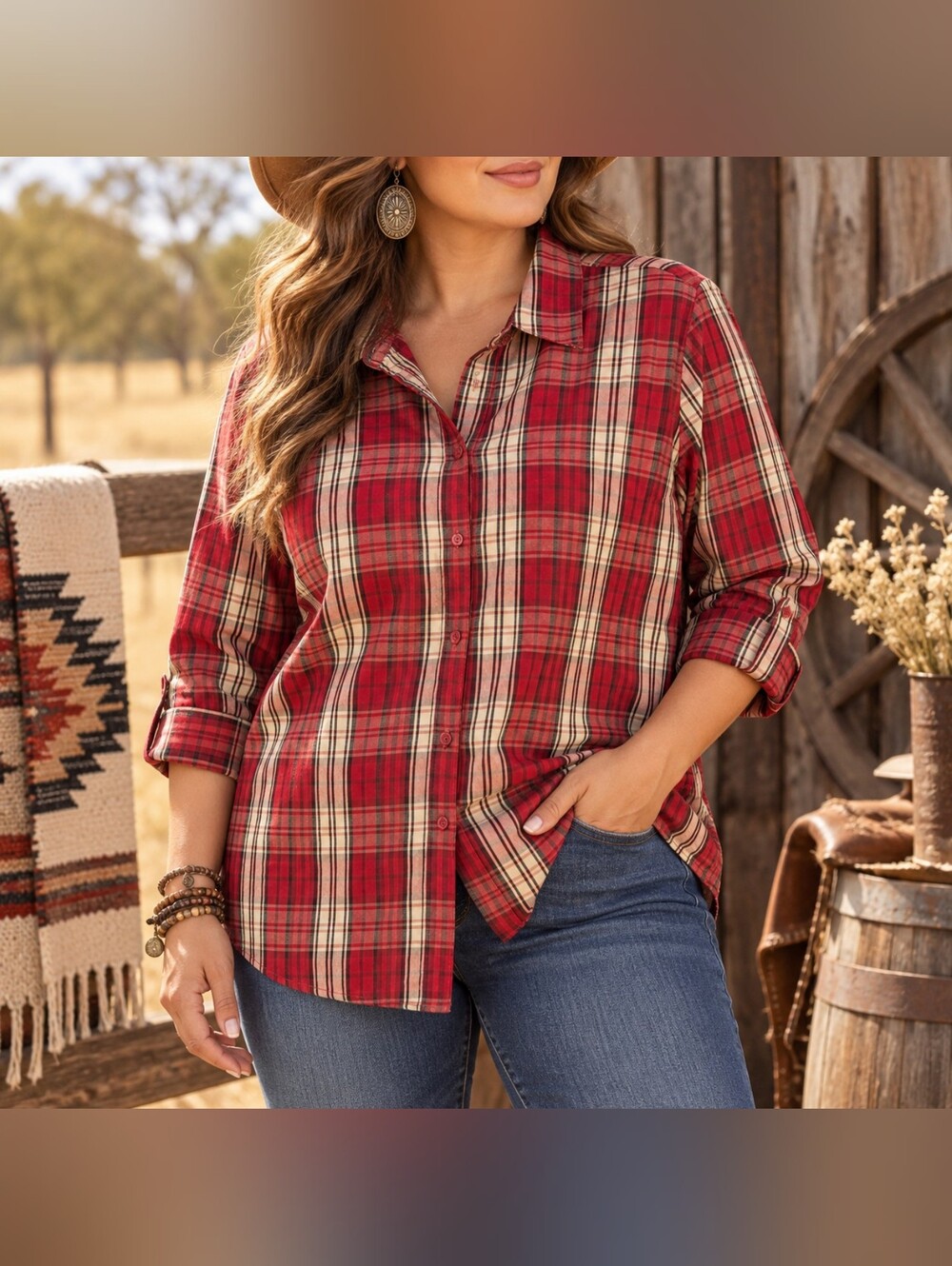 White Stag Woman 3X Red Plaid Button Down Shirt Plus Size 22W 24W Fall Shirt